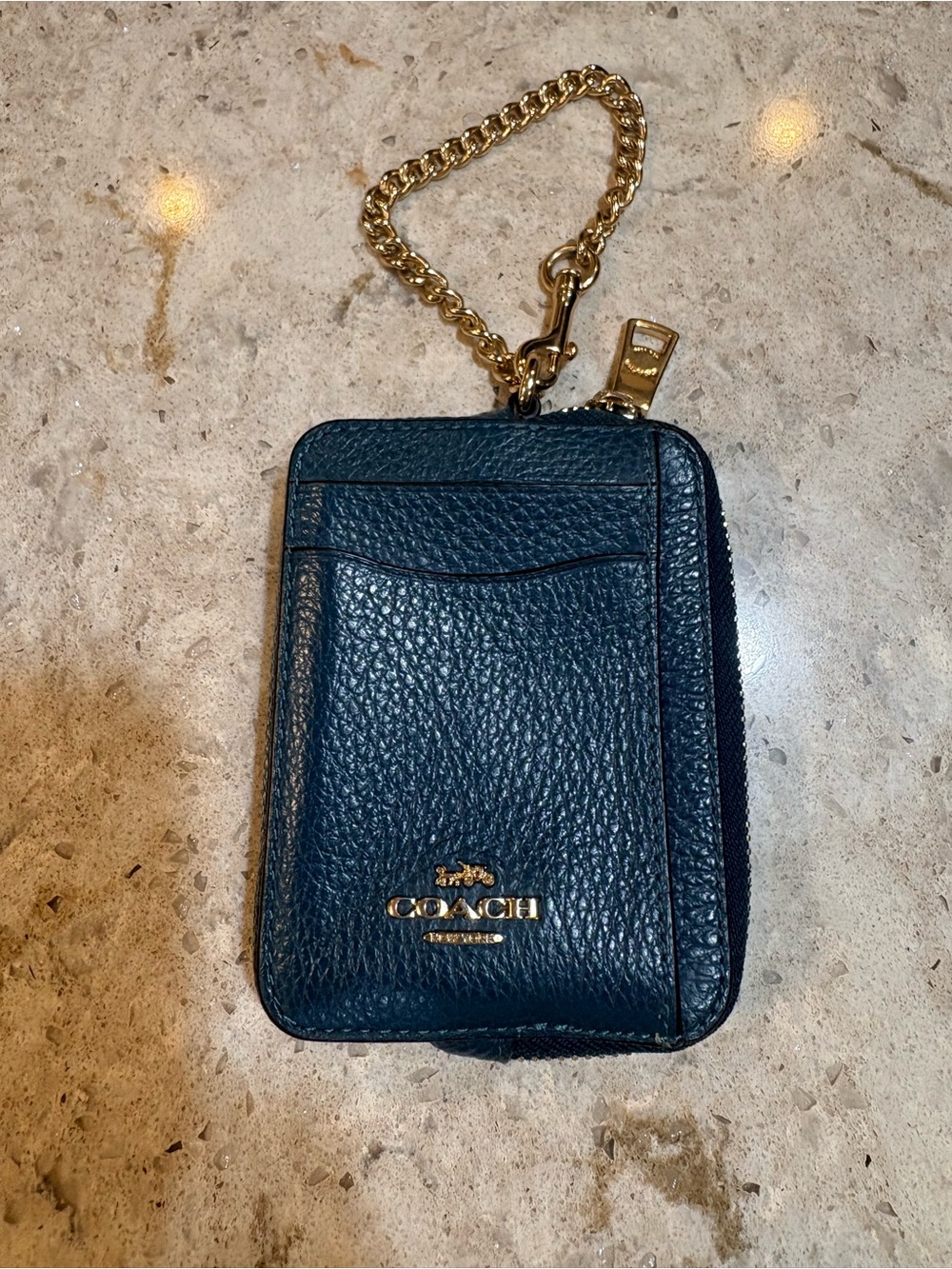 Coach Dark Navy Pebbled Leather Card Case with Gold Chain